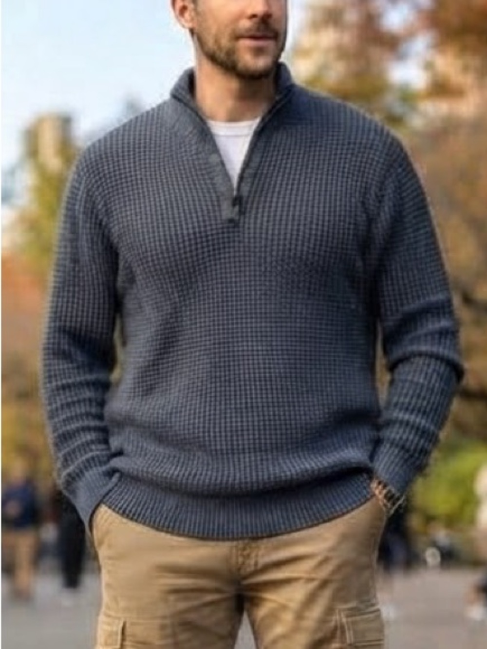 L.L. Bean Organic Cotton 1/4 Zip Waffle Knit Sweater Blue Gray XXL Outdoor